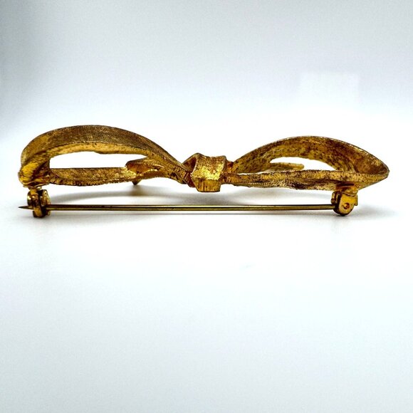 Brooch Pin Gold Tone Bow Vintage Textured Metal 2 4gram Elegant - Picture 7 of 8